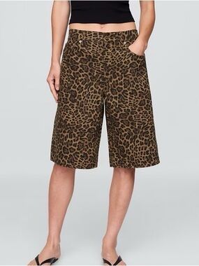 Mid Rise Denim Leopard Longline Shorts